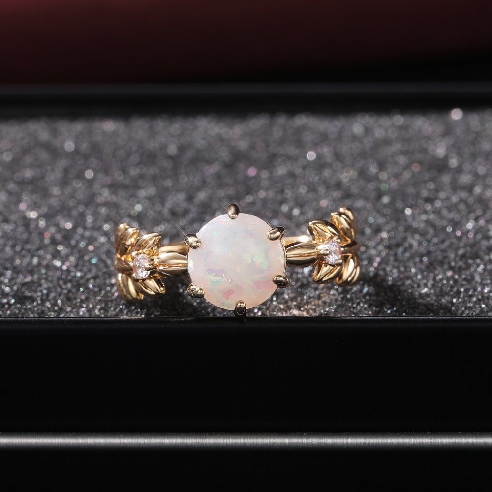 🌸 Dainty Opal CZ Gold Plated Beautiful Fashion Leaf Trendy Ring  UNVN12038